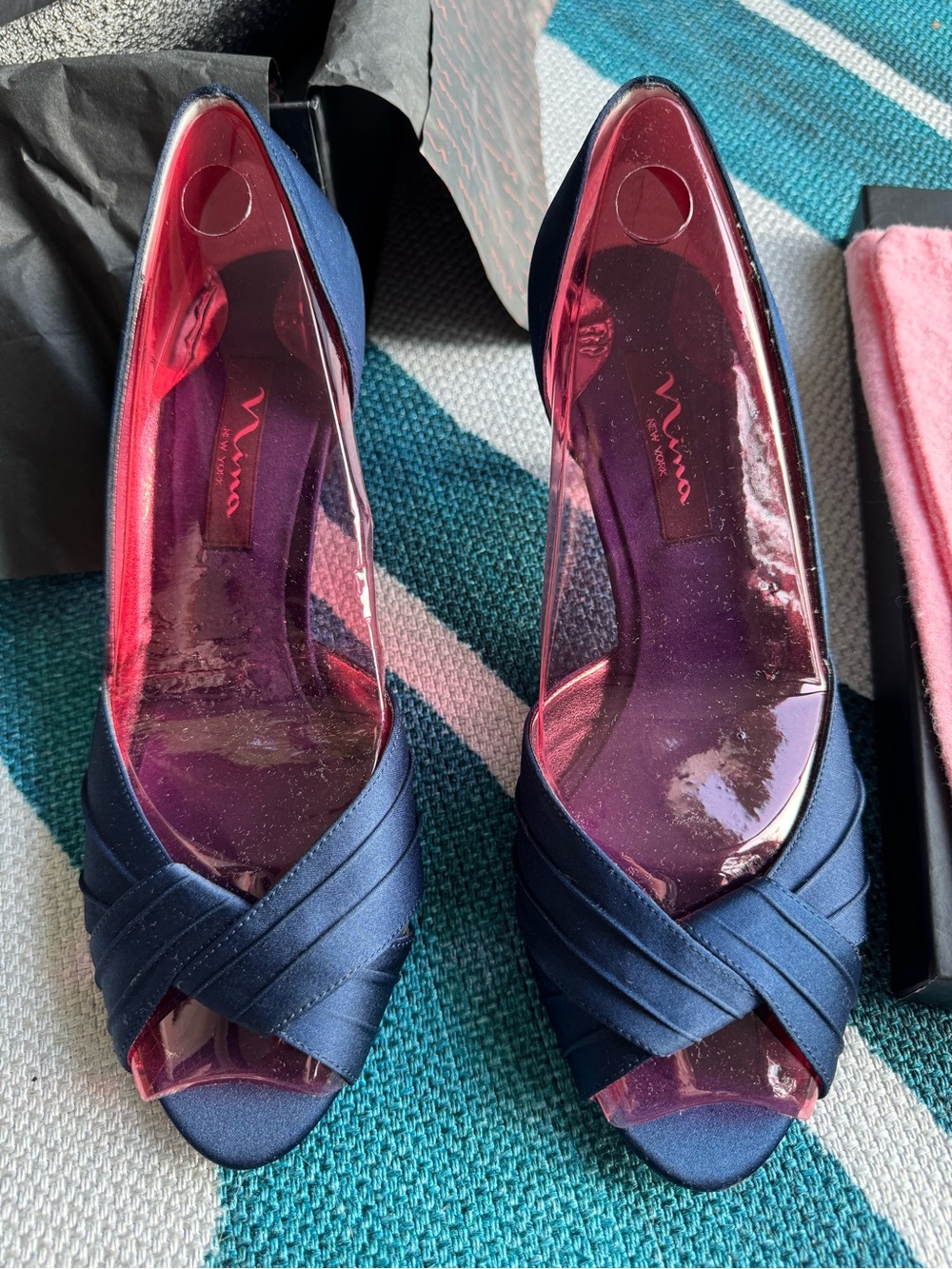 Nina Culver LS Navy Satin Crisscross Peep-Toe Heels